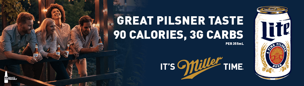 It's miller time, great pilsner taste 90 calories, 3g carbs per 355ml